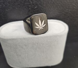 Men's Black Stainless Steel Signet Ring with Leaf Motif
